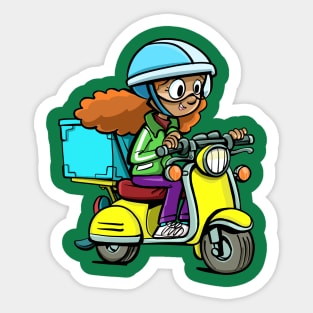 girl from a courier service on a motorcycle delivers a package Sticker